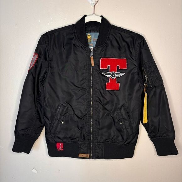 Top Gun Tomcat Black Bomber Jacket Chenille Patches Pockets Kids Sz 10 - Picture 1 of 6